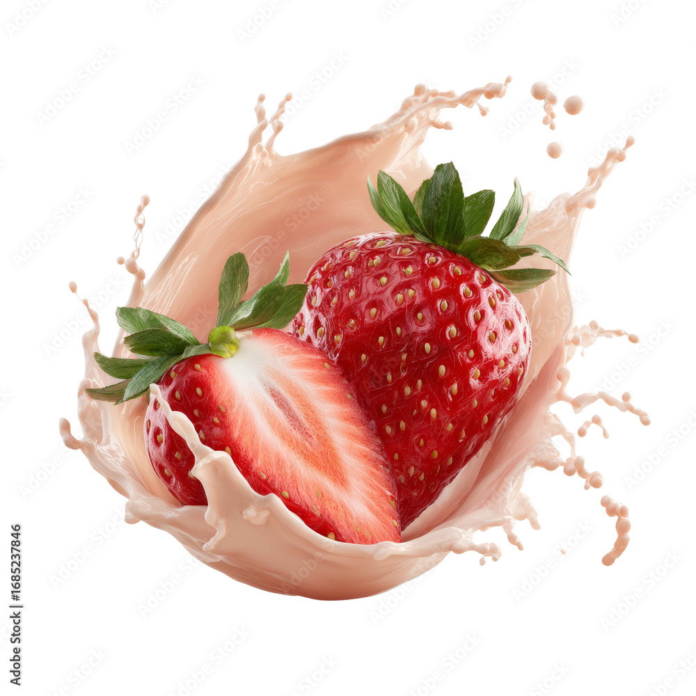 Poster vibrant strawberries nestled in a creamy cascade against a pristine backdrop creating a