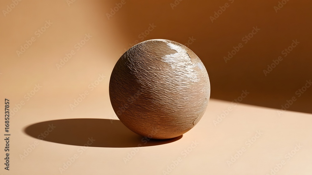 Poster a simple, smooth spherical object rests on a plain surface, bathed in warm, natural light and subtle