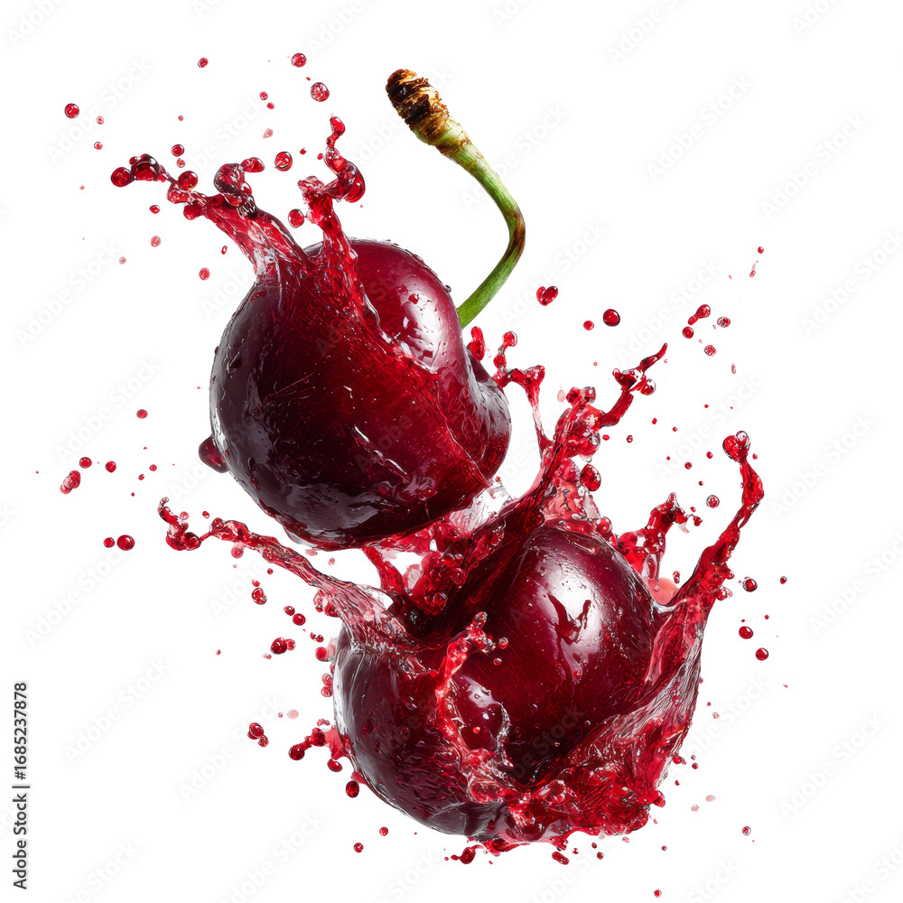 Poster dynamic burst of refreshment captivating image of cherries exploding in vibrant juice on clear