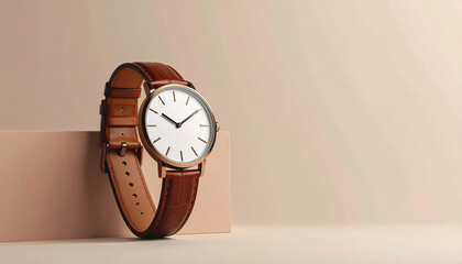 Elegant minimalist wristwatch featuring a white dial, rose gold case, and a rich brown leather strap, presented on a clean, neutral background.