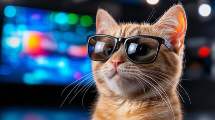 Playful Ginger Cat In Sunglasses Before Colorful Lights