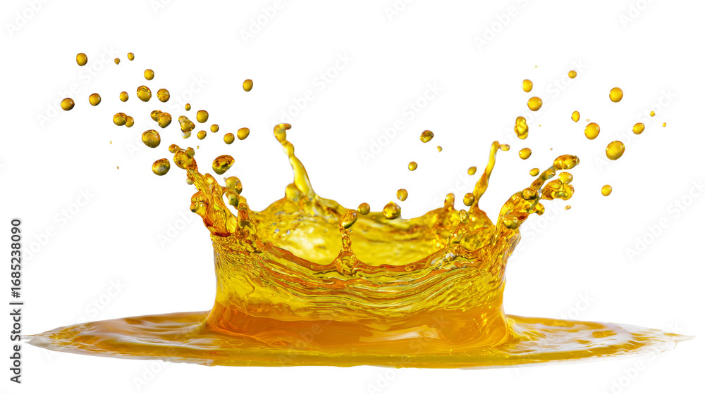 Poster dynamic amber liquid eruption with splashing drops against isolated transparent space