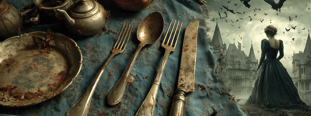 Dark and eerie dining scene with vintage silverware and haunting figure