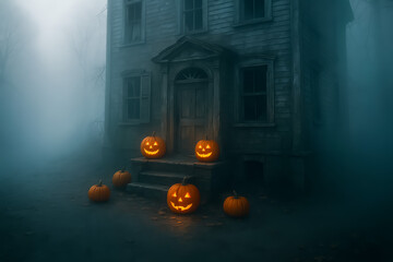 Obraz premium Spooky halloween scene with illuminated pumpkins by old house