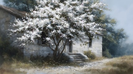 A serene rustic stone house in the countryside embraced by a magnificent flowering tree with delicate white blossoms under soft light