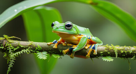 Obraz premium A striking Javan Gliding Frog, Rhacophorus reinwardtii, showcasing its brilliant green, yellow, and blue colors perched on a moss-covered branch in its natural rainforest habitat.