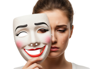 Sad, crying woman hiding her depression and pain behind a happy smiling mask.