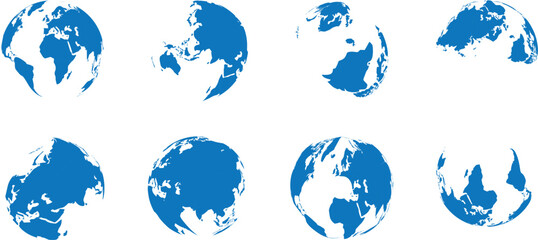 3D Global Earth Icons – Blue White World Map Illustrations from Multiple Angles, Set of 3d Globe