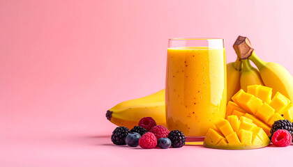 A vibrant yellow fruit smoothie in a tall glass, surrounded by fresh bananas, sliced mango, and a colorful mix of berries on a bright pink background.