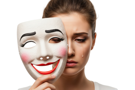Sad, crying woman hiding her depression and pain behind a happy smiling mask. - Powered by Adobe
