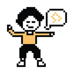Cute cartoon pixel character cute man exercises training aerobic dance lifestyle music decoration life style 8 bit male boy dance with music game 8bit fitness isolated PNG vector.