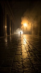 A solitary figure walks on a dark, wet street at night under arches, moving towards a bright light source through atmospheric smoke.