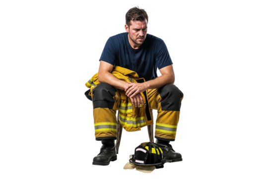 Exhausted and pensive firefighter sitting down after a difficult rescue operation.