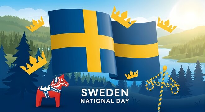 Sweden national day celebration with swedish flags and traditional symbols in scenic mountain landscape - Powered by Adobe