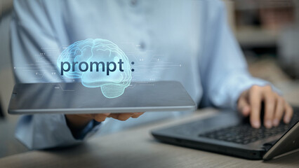 AI Prompt Engineering Concept with Digital Brain Hologram on Tablet