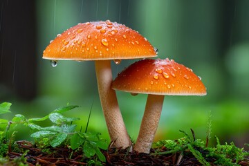Fototapeta premium Two orange mushrooms growing in the rain in a lush forest
