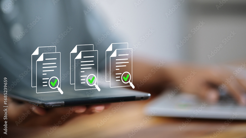 Poster digital document verification and approval concept with tablet and check mark
