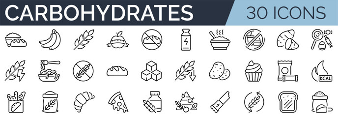 Set of 30 outline icons related to carbohydrates. Linear icon collection. Editable stroke. Vector illustration