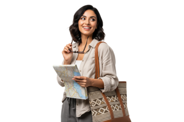 Happy young female tourist with a map and tote bag exploring a new city.
