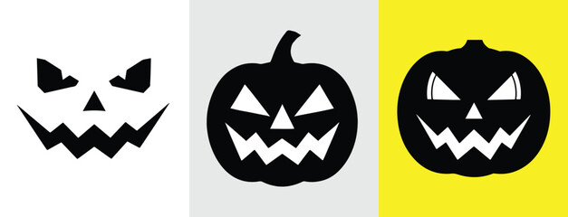 Spooky Halloween Trio of Jack O Lanterns Carved with Menacing Expressions and Set Against Festive Backgrounds for Holiday Decor