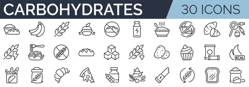 Set of 30 outline icons related to carbohydrates. Linear icon collection. Editable stroke. Vector illustration