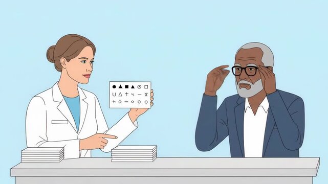 Eye exam animation featuring an optometrist and a senior patient, Illustration of an ophthalmologist testing a patient's vision