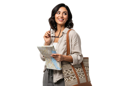 Happy young female tourist with a map and tote bag exploring a new city.