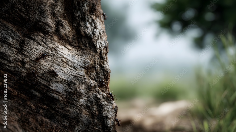 Poster close up of a tree trunk with ants actively crawling on its rough detailed bark set against a softly