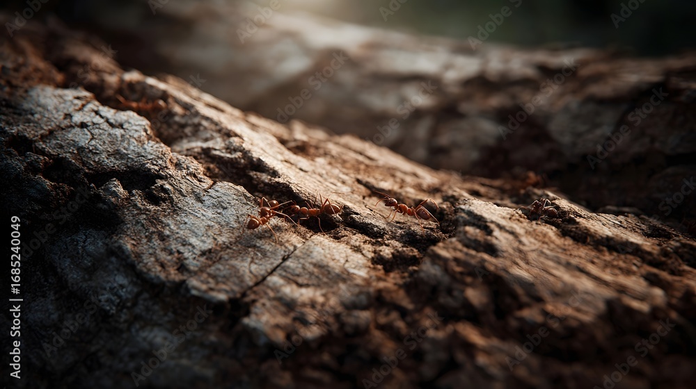 Poster a detailed close up of a tree trunk s rugged bark highlighted by diffused sunlight as a colony of sm