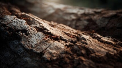 A detailed close up of a tree trunk s rugged bark highlighted by diffused sunlight as a colony of small red ants actively navigates its intricate