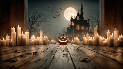 Spooky halloween night with candles and a carved pumpkin