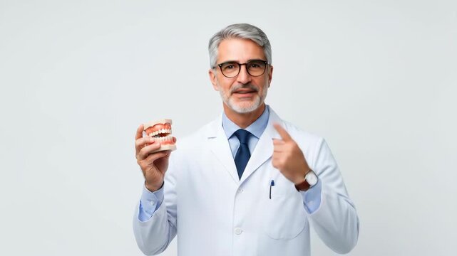 Mature Dentist Explaining Denture Care, A Dentist Demonstrating Proper Denture Handling in His Clinic
