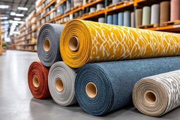 Colorful carpets rolled up in warehouse displaying variety of textures