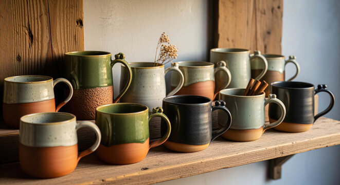 A collection of unique, handcrafted ceramic mugs in earthy tones and organic shapes, beautifully arranged on a rustic wooden shelf, highlighting artisanal craftsmanship.