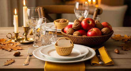 An inviting autumnal table setting illuminated by candlelight, featuring a rustic basket of red apples, walnuts, and elegant place for one.
