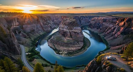 A beautiful, high-resolution shot of a river's horseshoe bend.