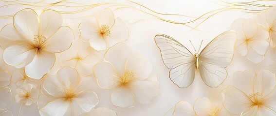 Gold lines of white flowers and butterfly pattern, white background