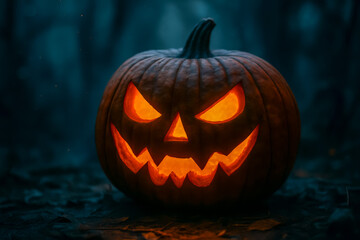 Naklejka premium Glowing halloween pumpkin with a spooky face in the dark