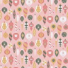 A charming festive seamless pattern featuring vintage-inspired Christmas ornaments in soft pastel shades of pink, green, gold, and white. The design includes whimsical retro ornaments.