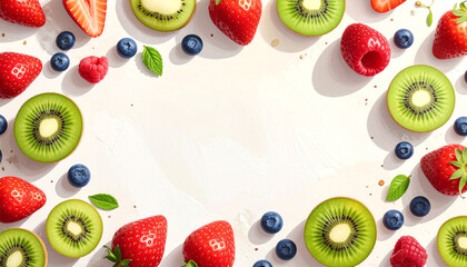 A vibrant and fresh border of strawberries, kiwis, blueberries, and raspberries on a white background, perfect for healthy eating or summer themes.