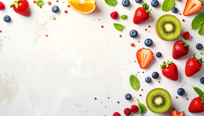 Fresh vibrant berries, kiwi, and orange slices with mint leaves scattered on a white background, creating a healthy food border.