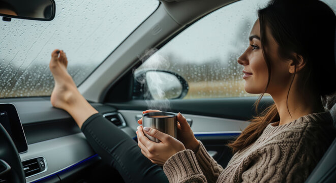 A young woman relaxes in a modern car's passenger seat, enjoying a hot tea from her thermos mug on a rainy, moody day with her bare foot resting on the dashboard.