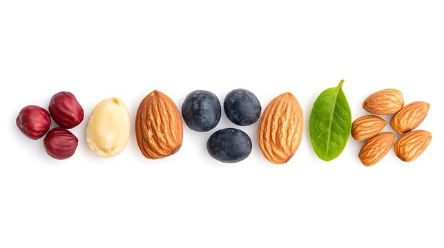 Assortment of nuts and berries on a white background