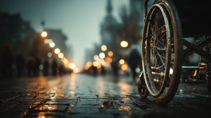 Close-up of a wheelchair on a rainy city street at night