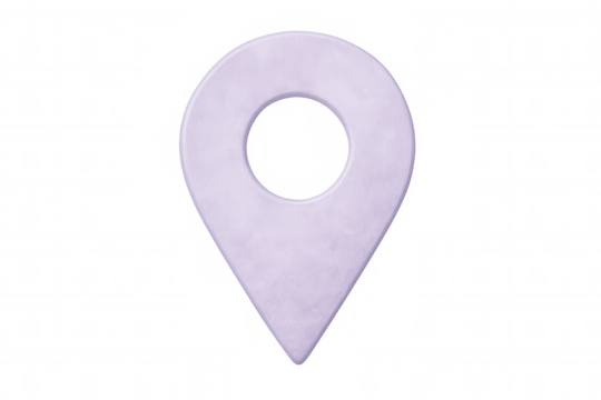 Location pin colored purple, marking specific geographic point against transparent backdrop, highlighting destination or point of interest