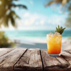 Refreshing Tropical Drink on Wooden Table by the Beach