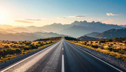 A long, straight asphalt road stretches into the distance towards majestic mountains under a clear sky at sunrise or sunset, inviting travel.