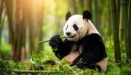 Obraz premium Panda eating bamboo in a lush forest