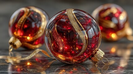 A deep red Christmas ornament with gold stripe patterns in sharp focus, featuring gold spherical topper and dangling ribbon, with blurred similar baubles in background