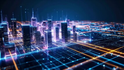 Futuristic digital city visualization with glowing network grid infrastructure - Powered by Adobe